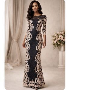 Tadashi Shoji Black Lace & Gold Sequin Embroidered Gown Size 8 Formal Evening